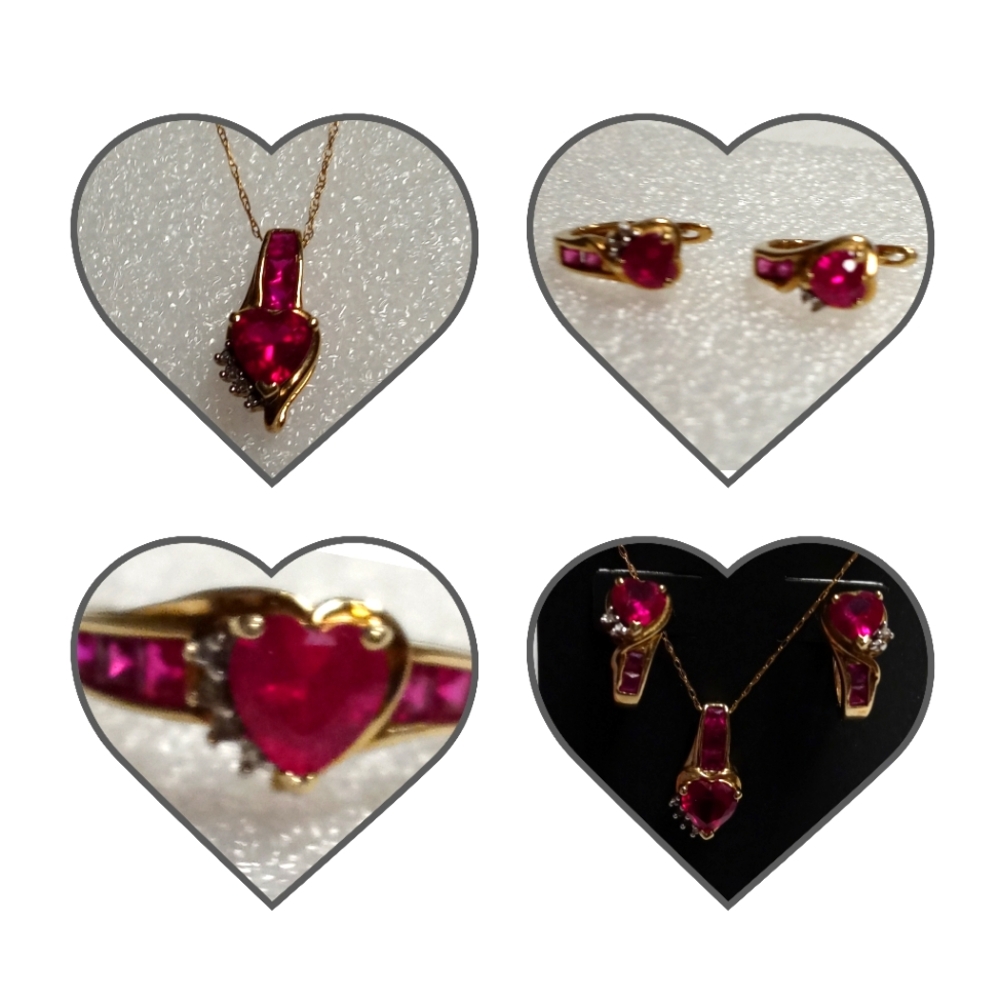 10KT Ruby Heart Shaped Ring Pendant Earring Set
